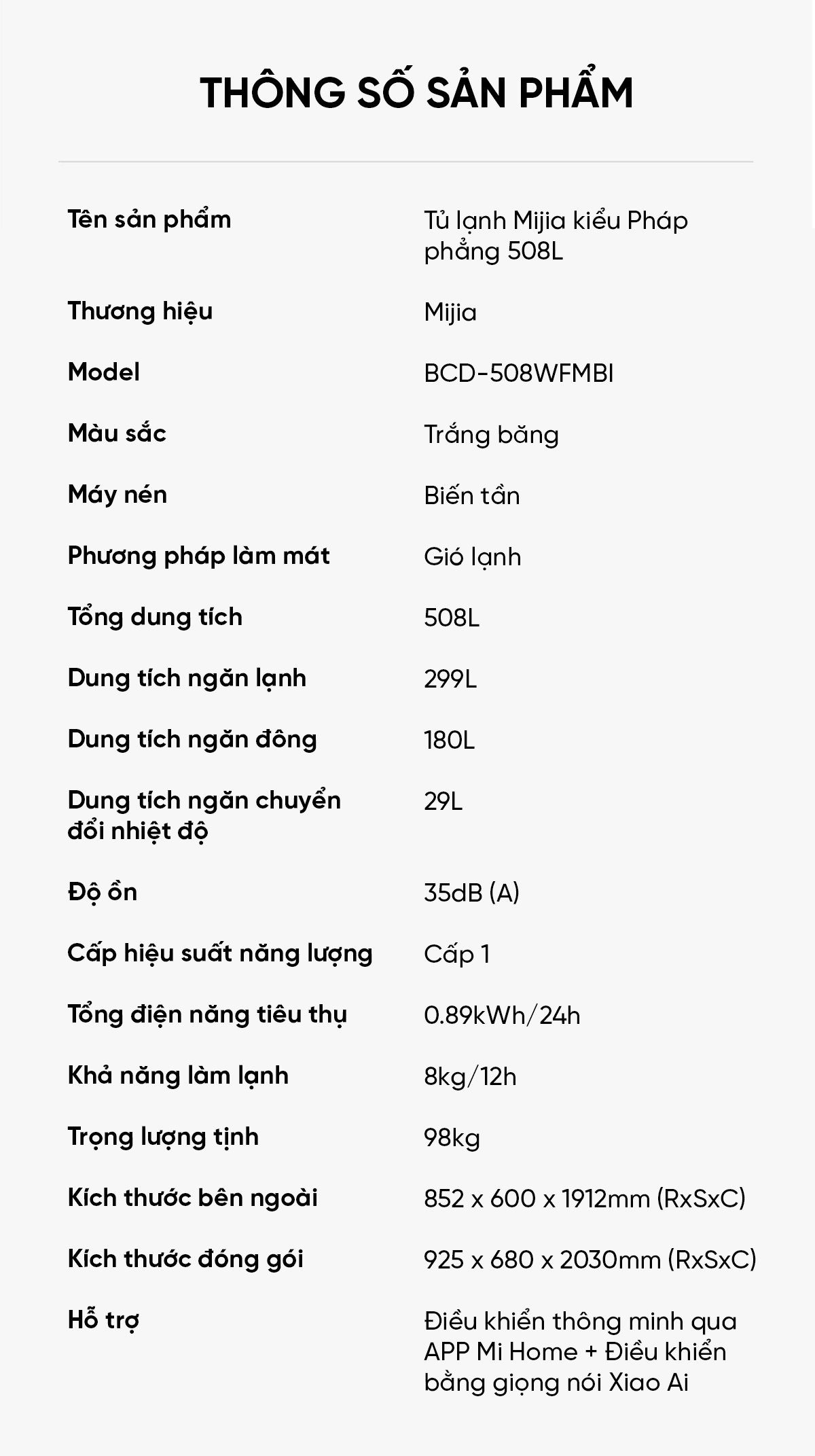 Tủ lạnh Xiaomi Mijia 508L kiểu Pháp Màu Trắng - Model BCB-508WFMBI