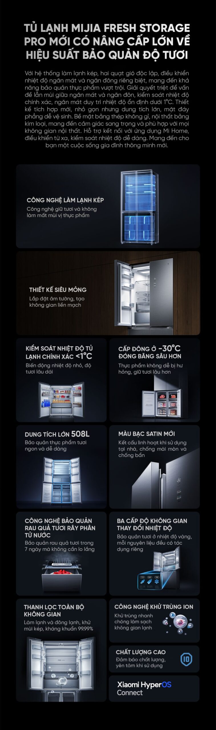 Tủ lạnh Xiaomi Mijia 508L Pro, 4 cửa, mặt đá pha lê - Model BCB-508WTGBI