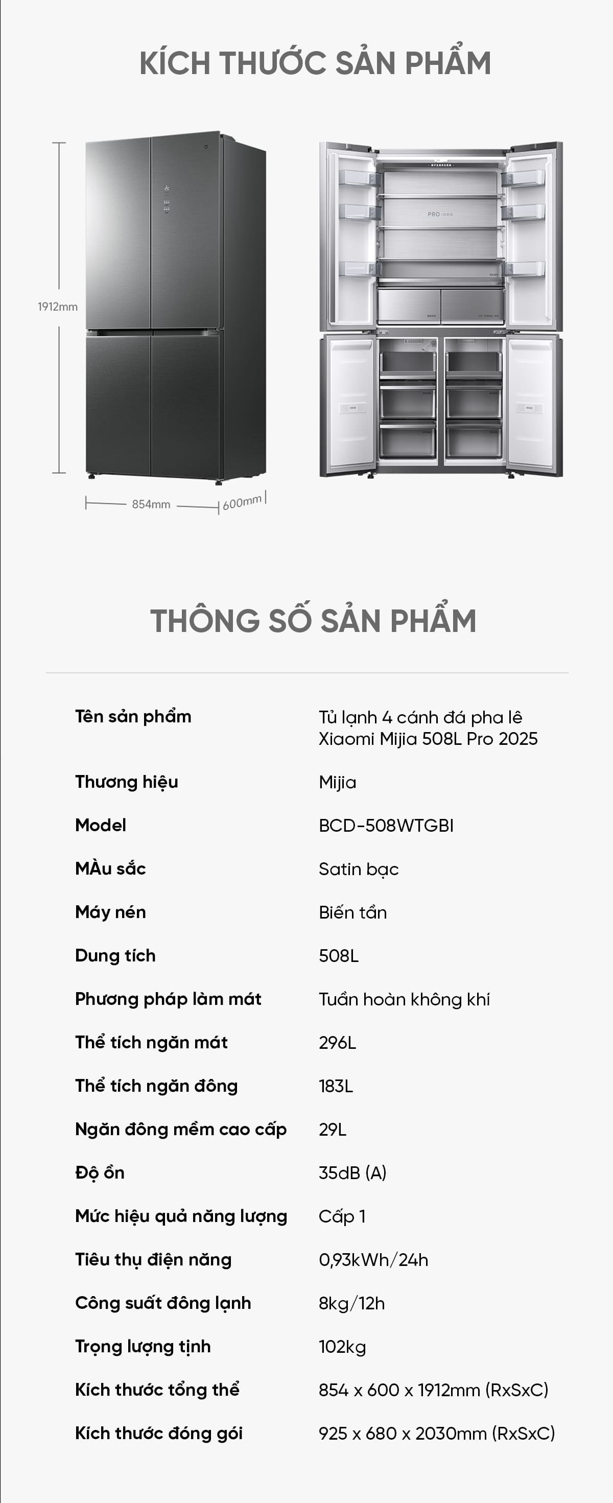 Tủ lạnh Xiaomi Mijia 508L Pro, 4 cửa, mặt đá pha lê - Model BCB-508WTGBI